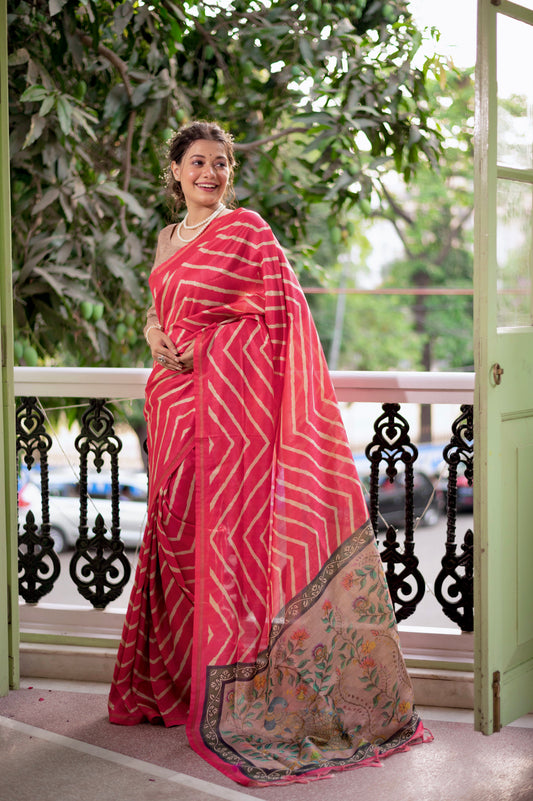 Vsaree Rani Pink Tussar Silk Saree With Leriya Print And Zari Border With Kalamkari Pallu With Blouse