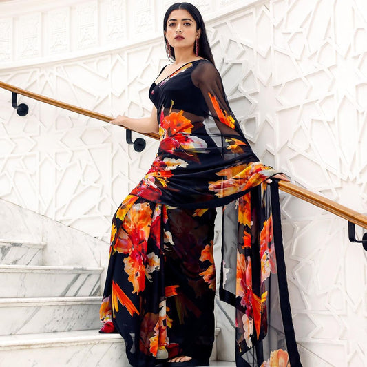 Vsaree Balck Banglori Printed Pallu And Designer Border Saree With Banglori Blouse For Women