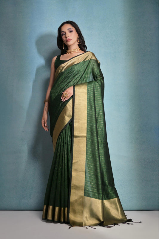 Vsaree Green Raw Silk Saree With Linning Pattern  With Zari Border And Zari Pallu With Blouse