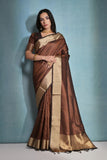 Vsaree Coffee Raw Silk Saree With Linning Pattern  With Zari Border And Zari Pallu With Blouse