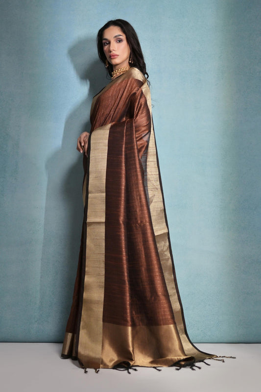 Vsaree Coffee Raw Silk Saree With Linning Pattern  With Zari Border And Zari Pallu With Blouse