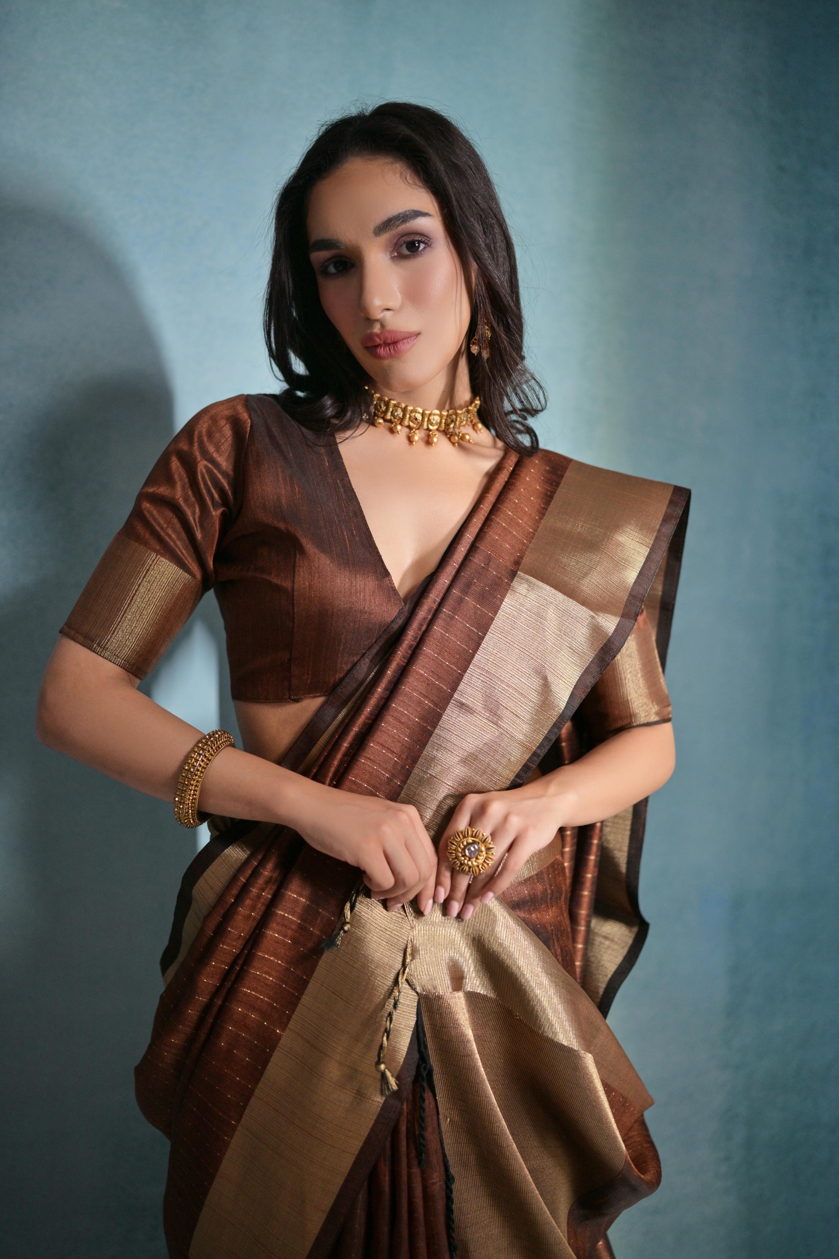 Vsaree Coffee Raw Silk Saree With Linning Pattern  With Zari Border And Zari Pallu With Blouse