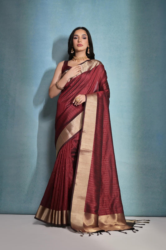 Vsaree Maroon Raw Silk Saree With Linning Pattern  With Zari Border And Zari Pallu With Blouse