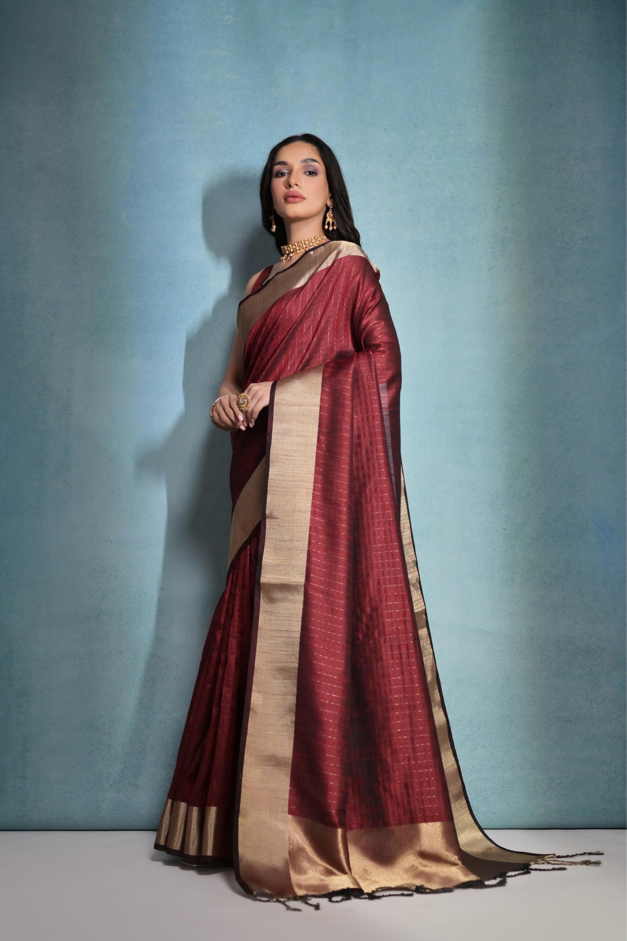 Vsaree Maroon Raw Silk Saree With Linning Pattern  With Zari Border And Zari Pallu With Blouse