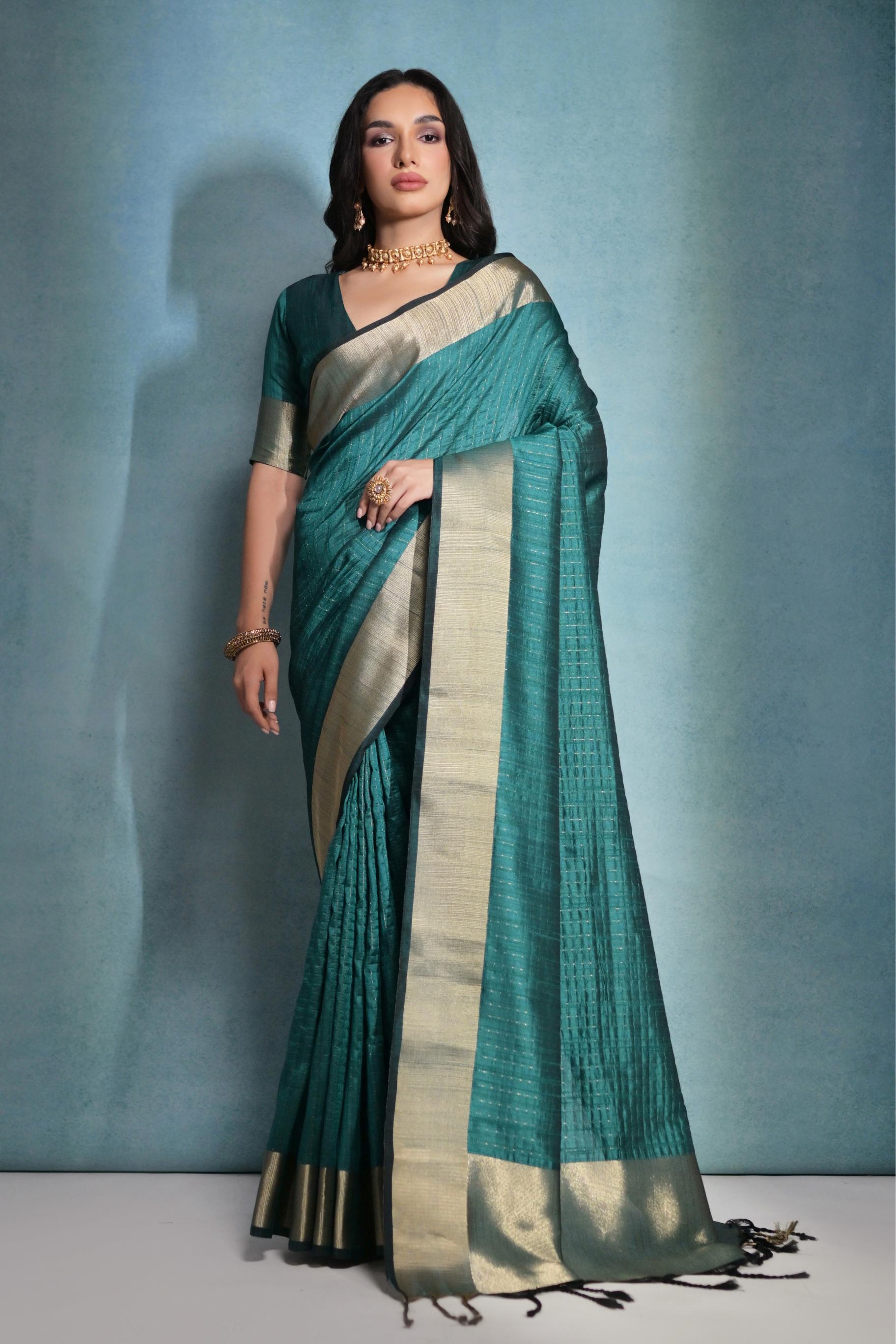 Vsaree Rama Raw Silk Saree With Linning Pattern  With Zari Border And Zari Pallu With Blouse