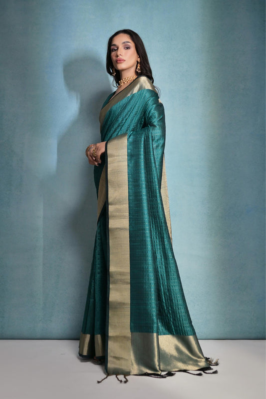 Vsaree Rama Raw Silk Saree With Linning Pattern  With Zari Border And Zari Pallu With Blouse