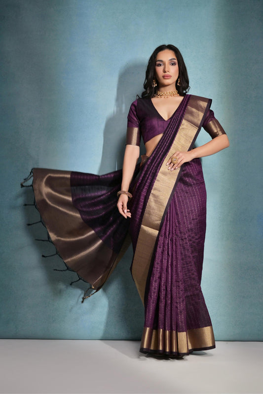 Vsaree Wine Raw Silk Saree With Linning Pattern  With Zari Border And Zari Pallu With Blouse