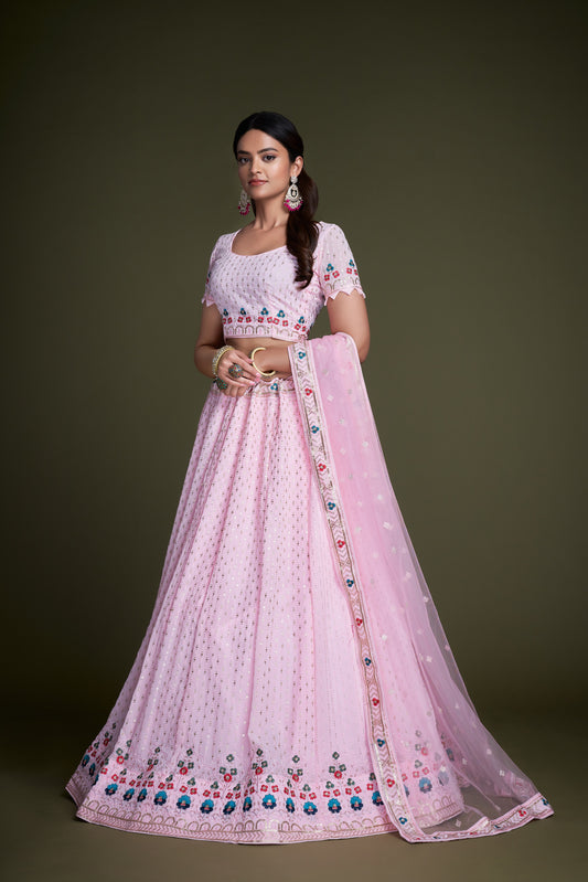 WOMEN'S PINK THREAD & EMBROIDERY WORK GEORGETTE FOR TRADITIONAL LEHENGA CHOLI