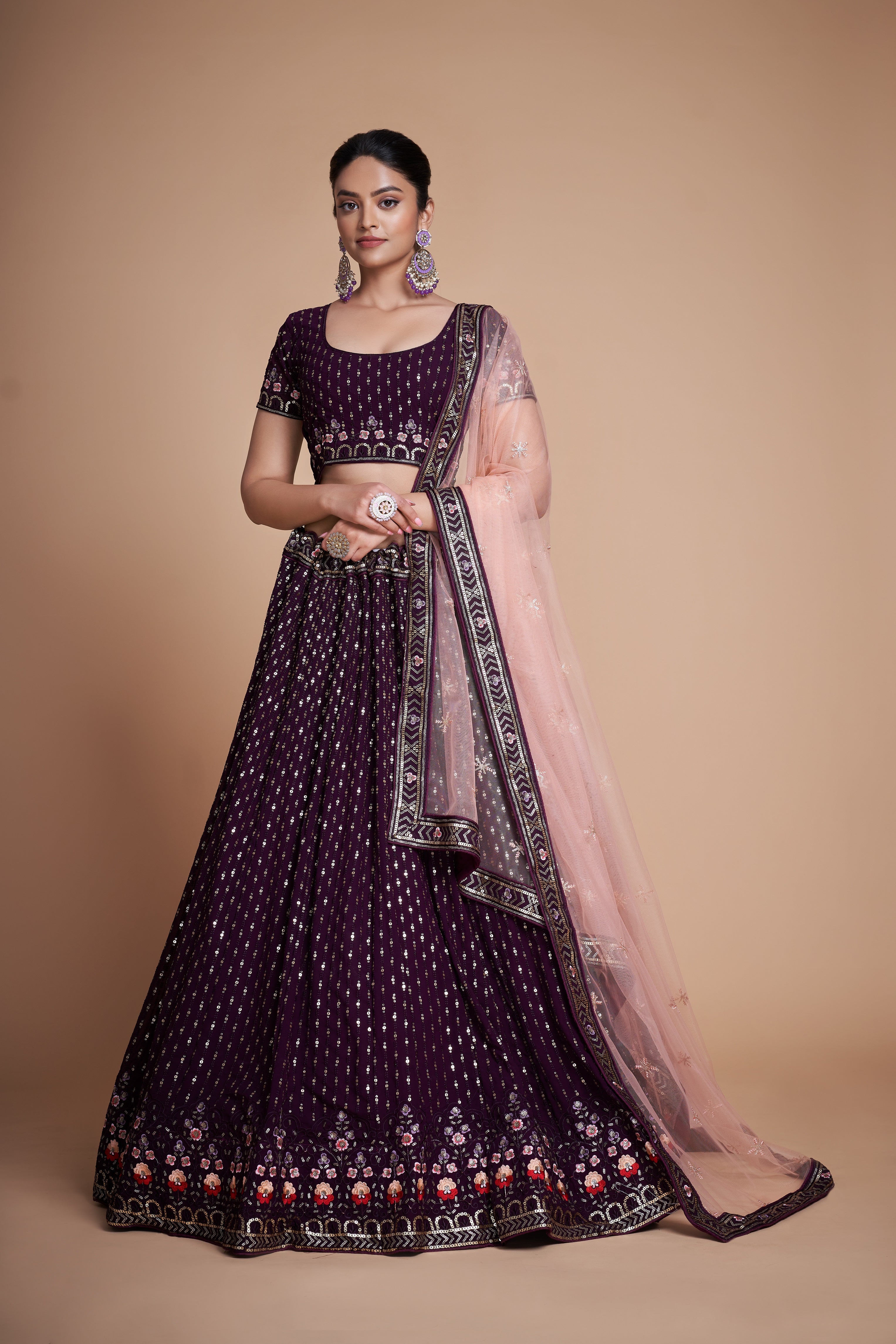 WOMEN'S PURPLE THREAD & EMBROIDERY WORK GEORGETTE FOR TRADITIONAL LEHENGA CHOLI