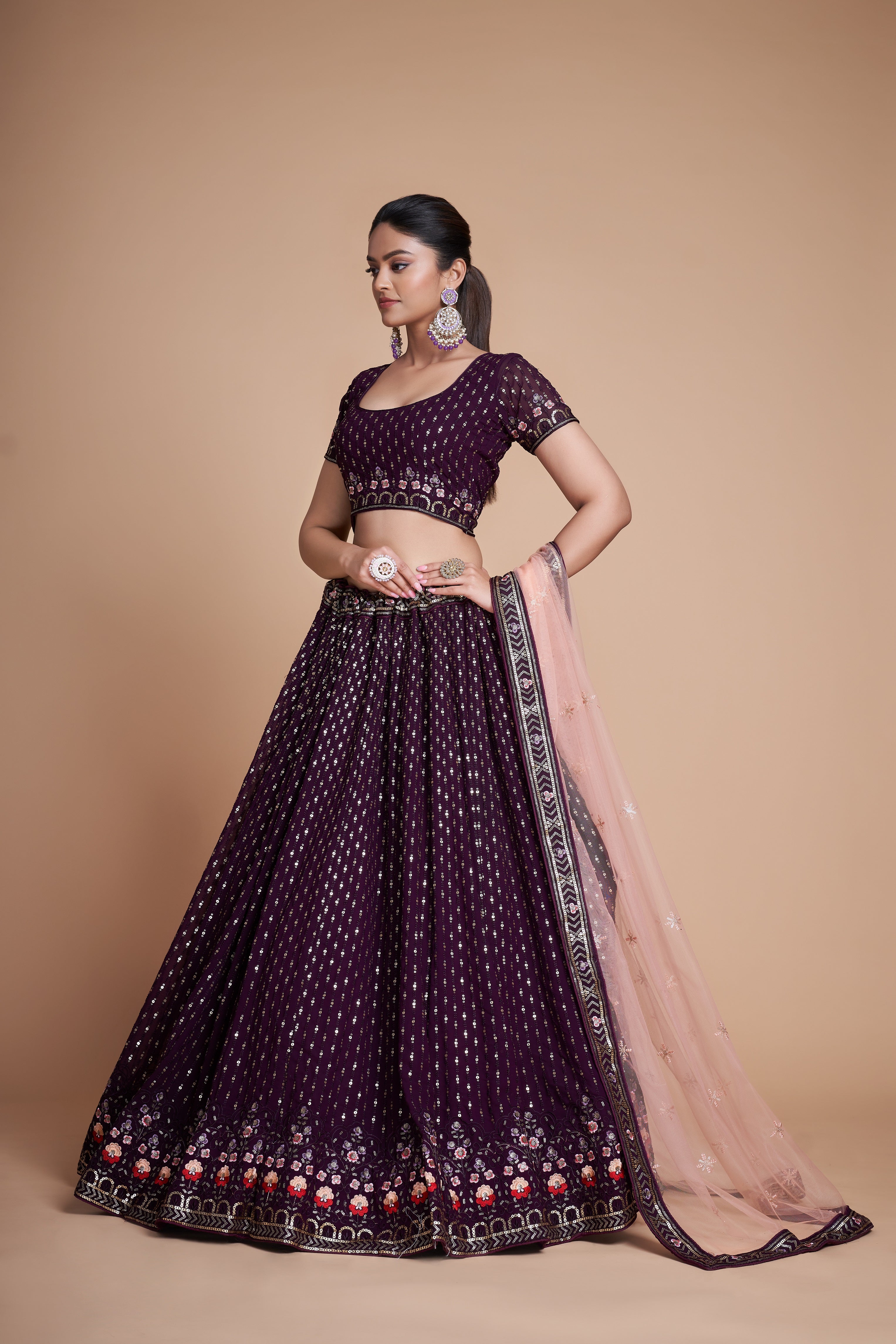 WOMEN'S PURPLE THREAD & EMBROIDERY WORK GEORGETTE FOR TRADITIONAL LEHENGA CHOLI