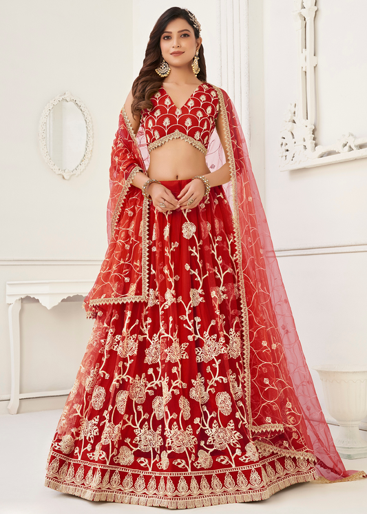 WOMEN'S RED BUTTERFLY NET WITH SEQUINS AND EMBROIDERY WORK LEHENGA CHOLI FOR WEDDING