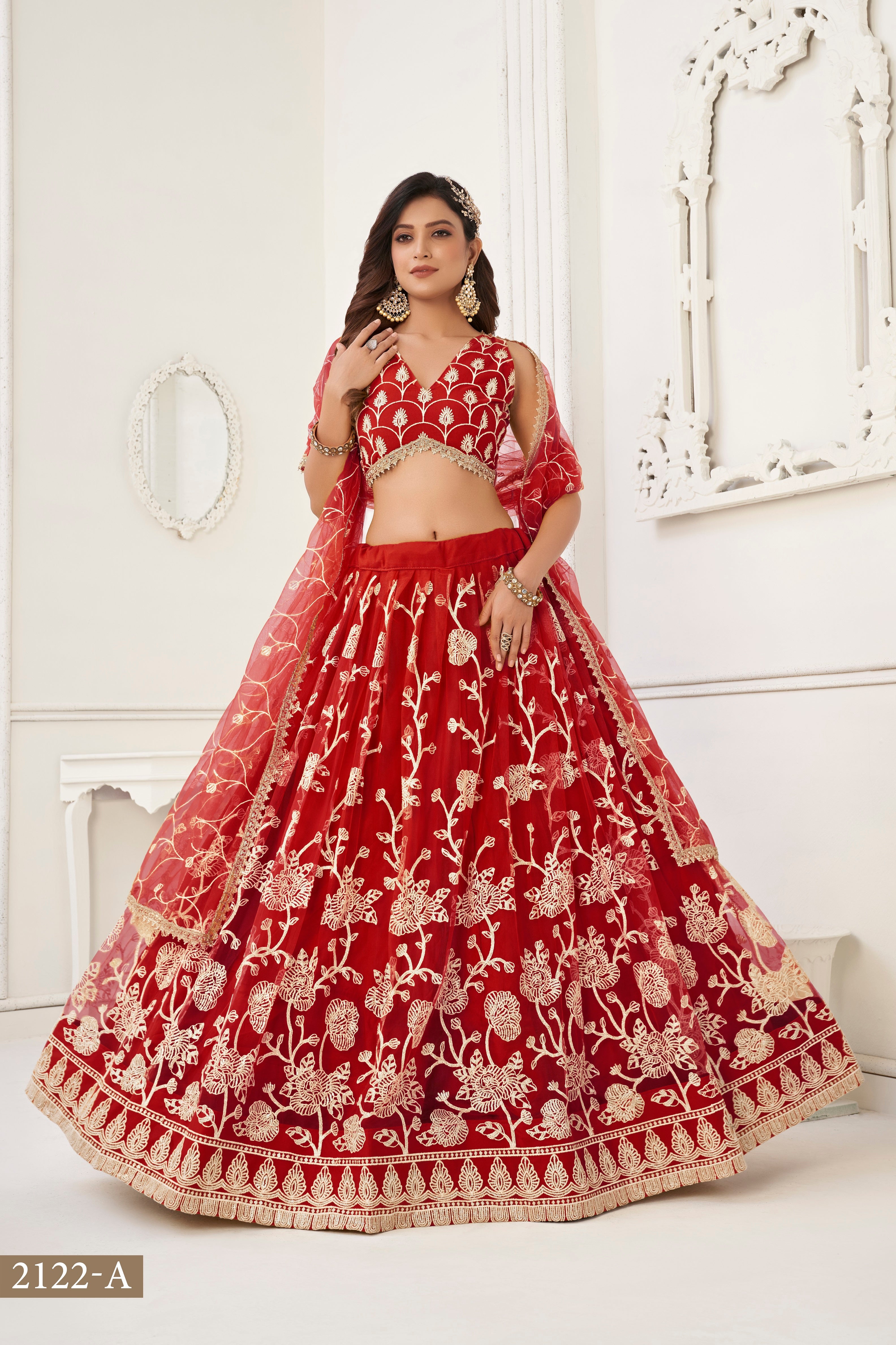 WOMEN'S RED BUTTERFLY NET WITH SEQUINS AND EMBROIDERY WORK LEHENGA CHOLI FOR WEDDING