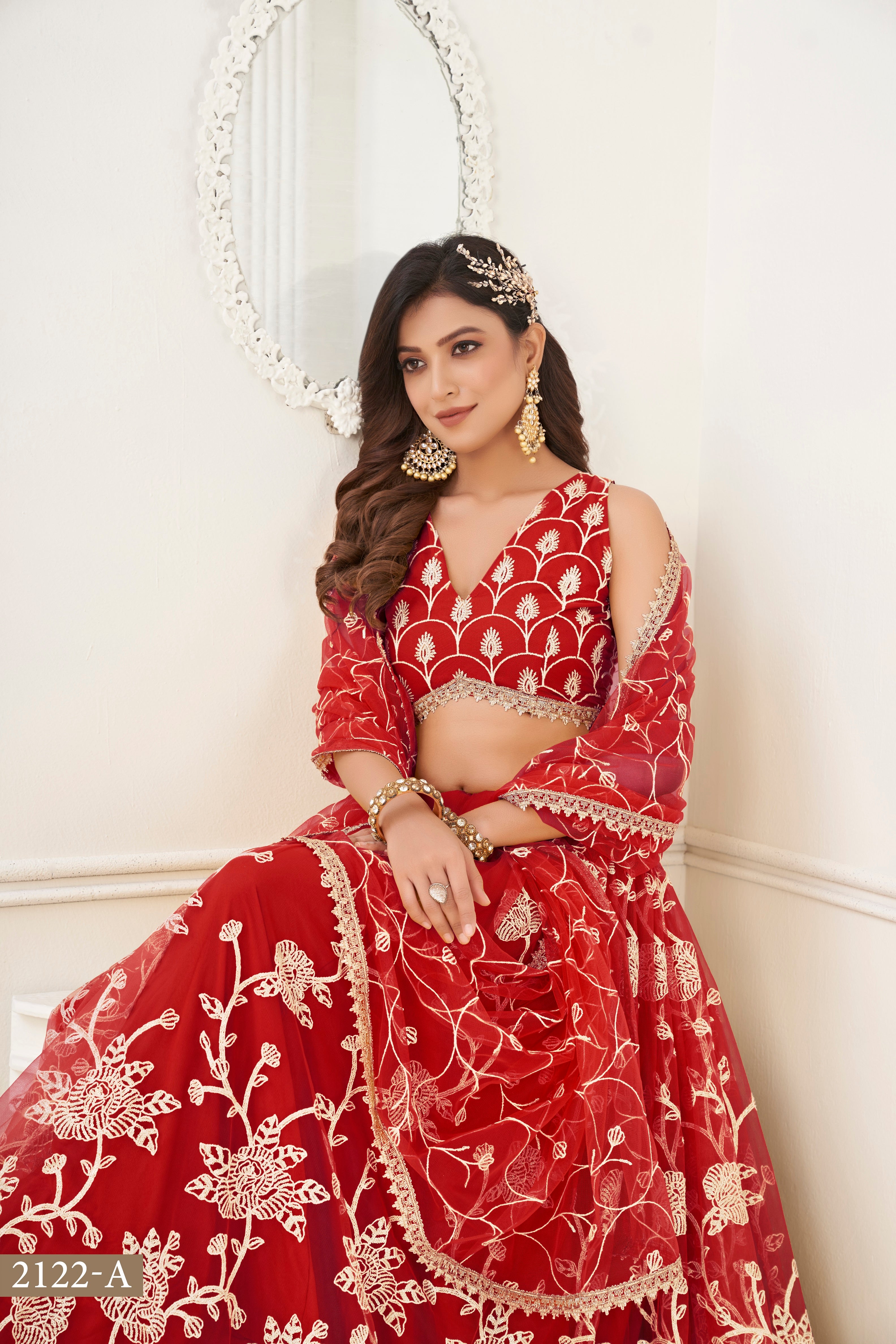 WOMEN'S RED BUTTERFLY NET WITH SEQUINS AND EMBROIDERY WORK LEHENGA CHOLI FOR WEDDING