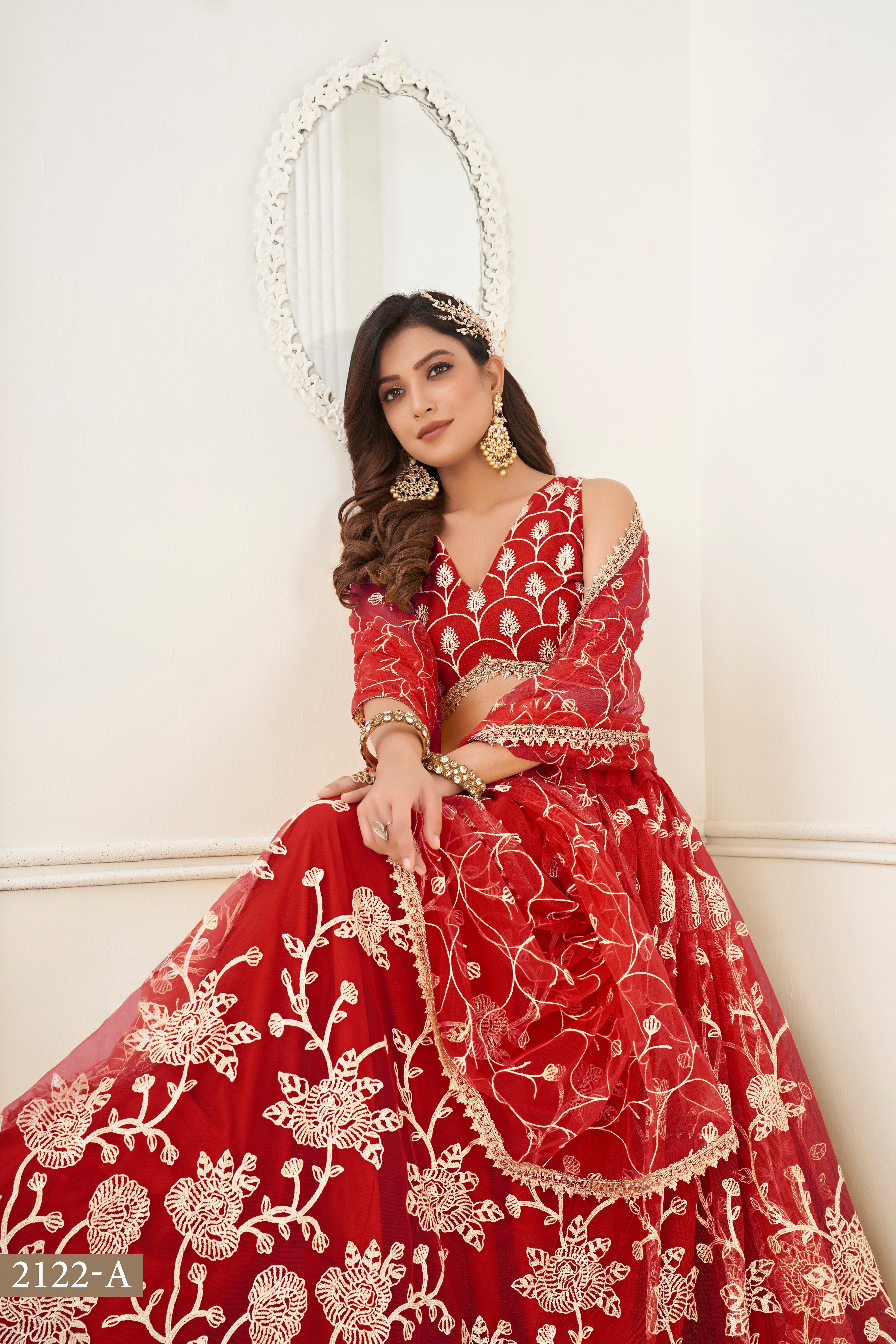 WOMEN'S RED BUTTERFLY NET WITH SEQUINS AND EMBROIDERY WORK LEHENGA CHOLI FOR WEDDING