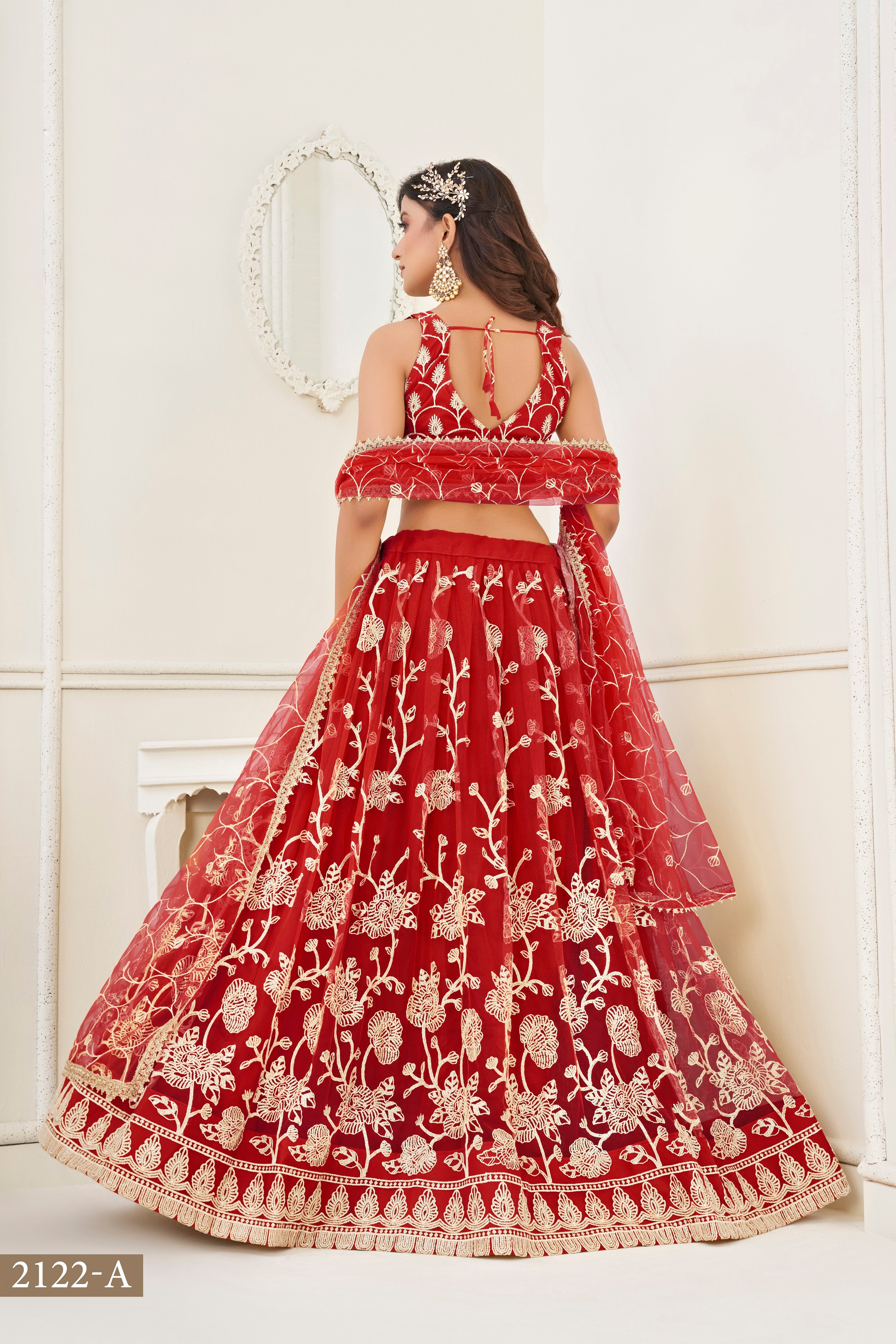 WOMEN'S RED BUTTERFLY NET WITH SEQUINS AND EMBROIDERY WORK LEHENGA CHOLI FOR WEDDING