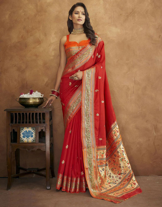 Vsaree Red Soft Paithani Silk Saree with Heavy Rich Pallu And Blouse