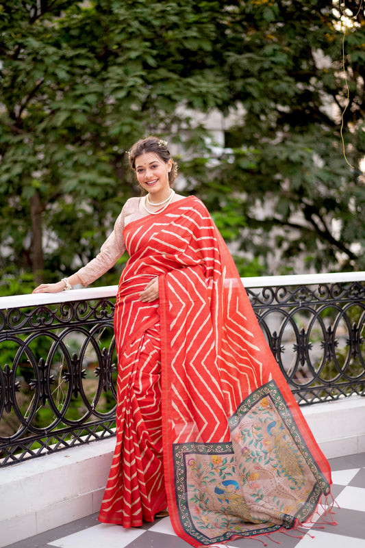 Vsaree Red Tussar Silk Saree With Leriya Print And Zari Border With Kalamkari Pallu With Blouse