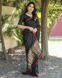 Bandhej Silk With Bandhej Border With Zari Weaving Pallu Saree With Blouse For Women