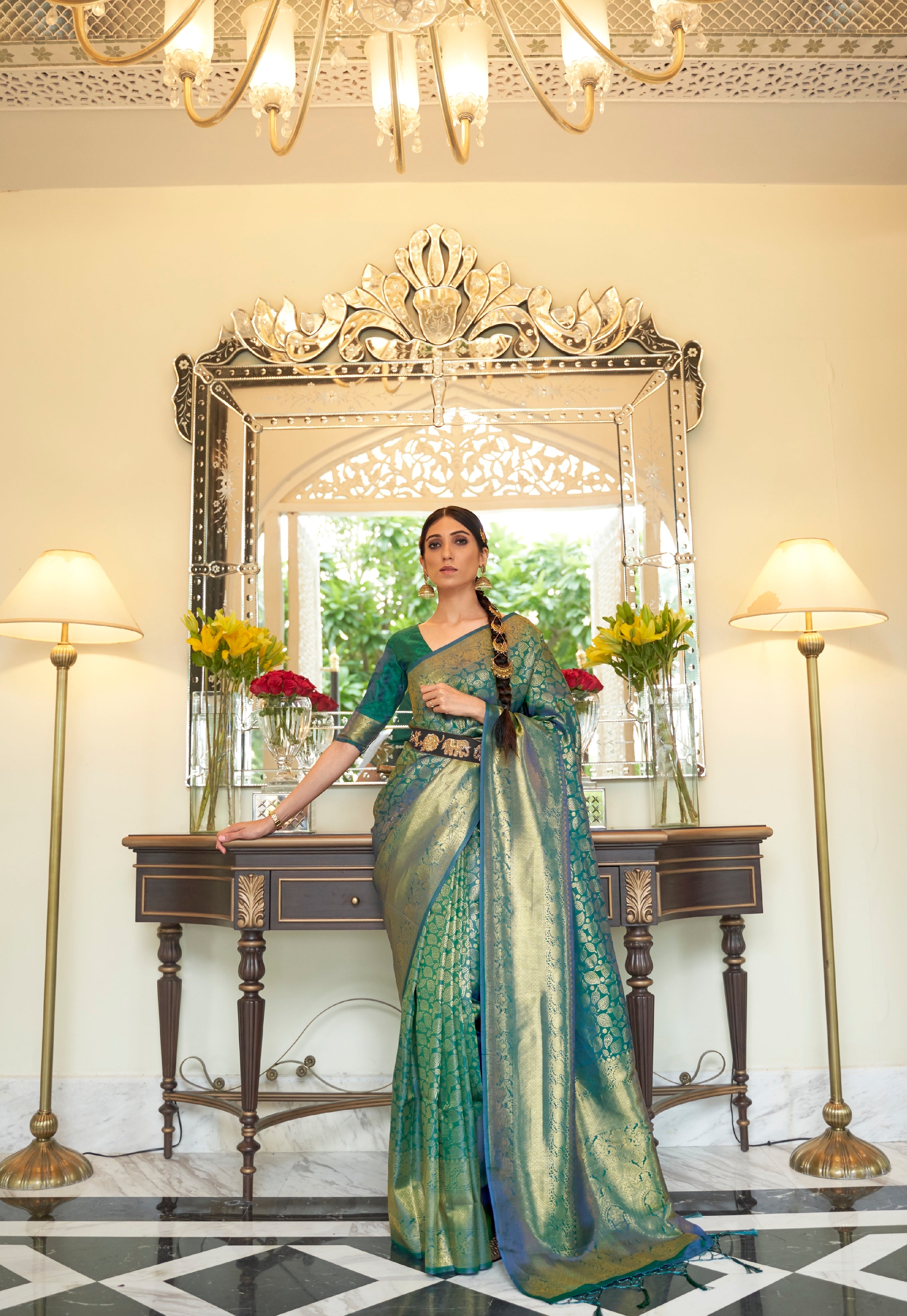 Flower Design Kanjivaram Silk Golden Border With Kanjivaram Design Saree And Blouse