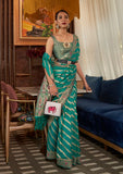 Vsaree Dark Teal Banarasi Organza Zari Weaving Border And Hevy Rich Pallu With Blouse