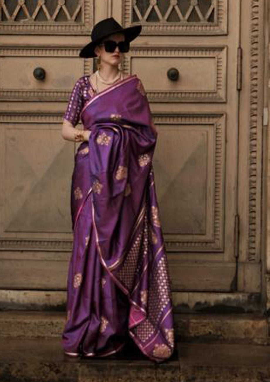 Vsaree Purple Banarasi Satin Silk Zari Weaving Border And Woven Pallu Saree With Blouse For Women