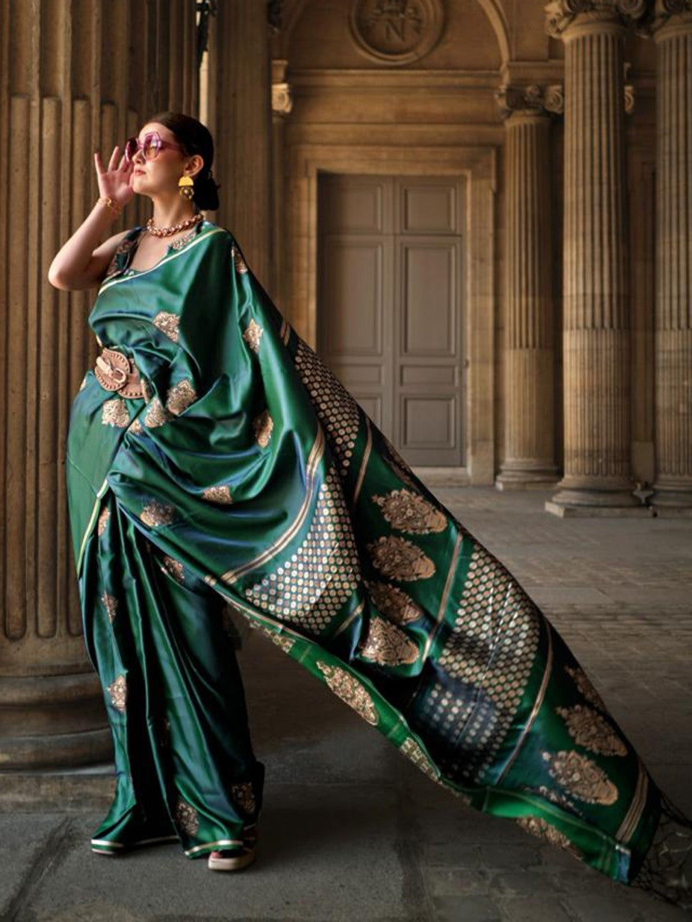 Vsaree Green Banarasi Satin Silk Zari Weaving Border And Woven Pallu Saree With Blouse For Women