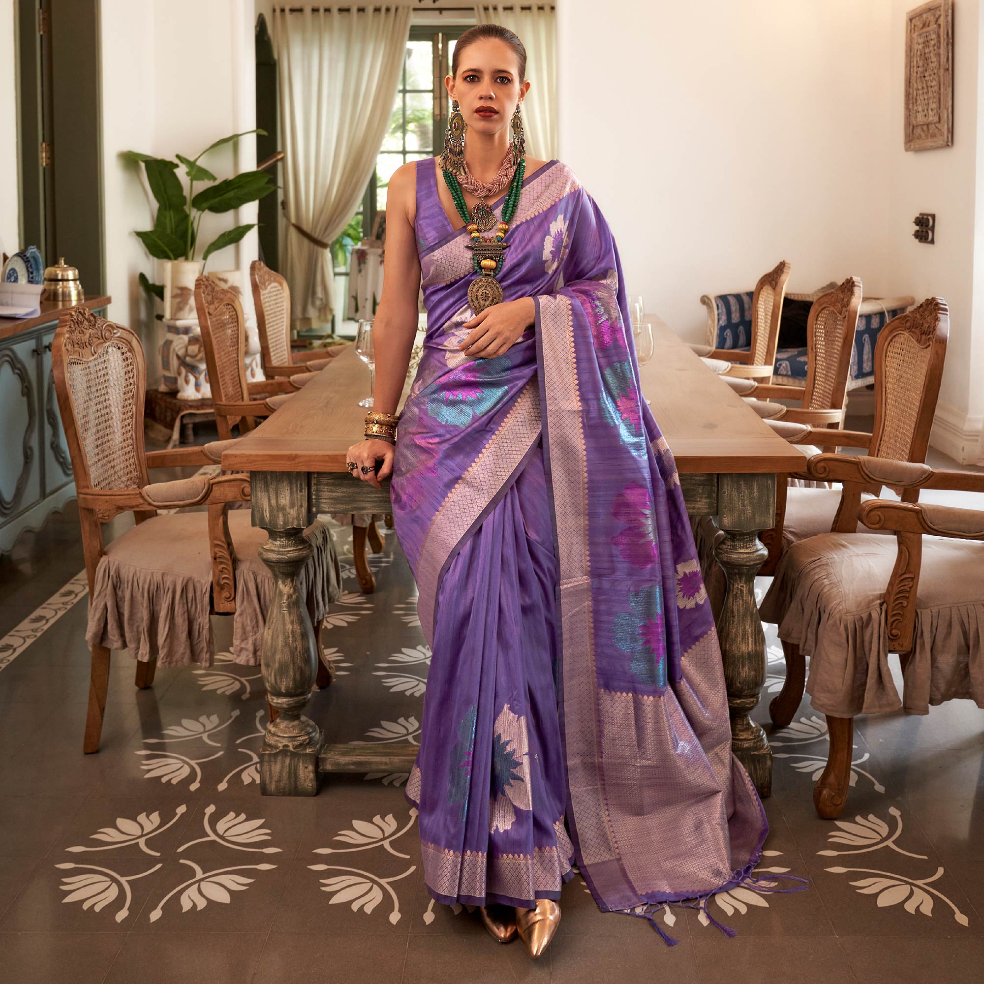 Vsaree Purple Banarasi Silk Golden Border With Banarasi Design Saree And Blouse