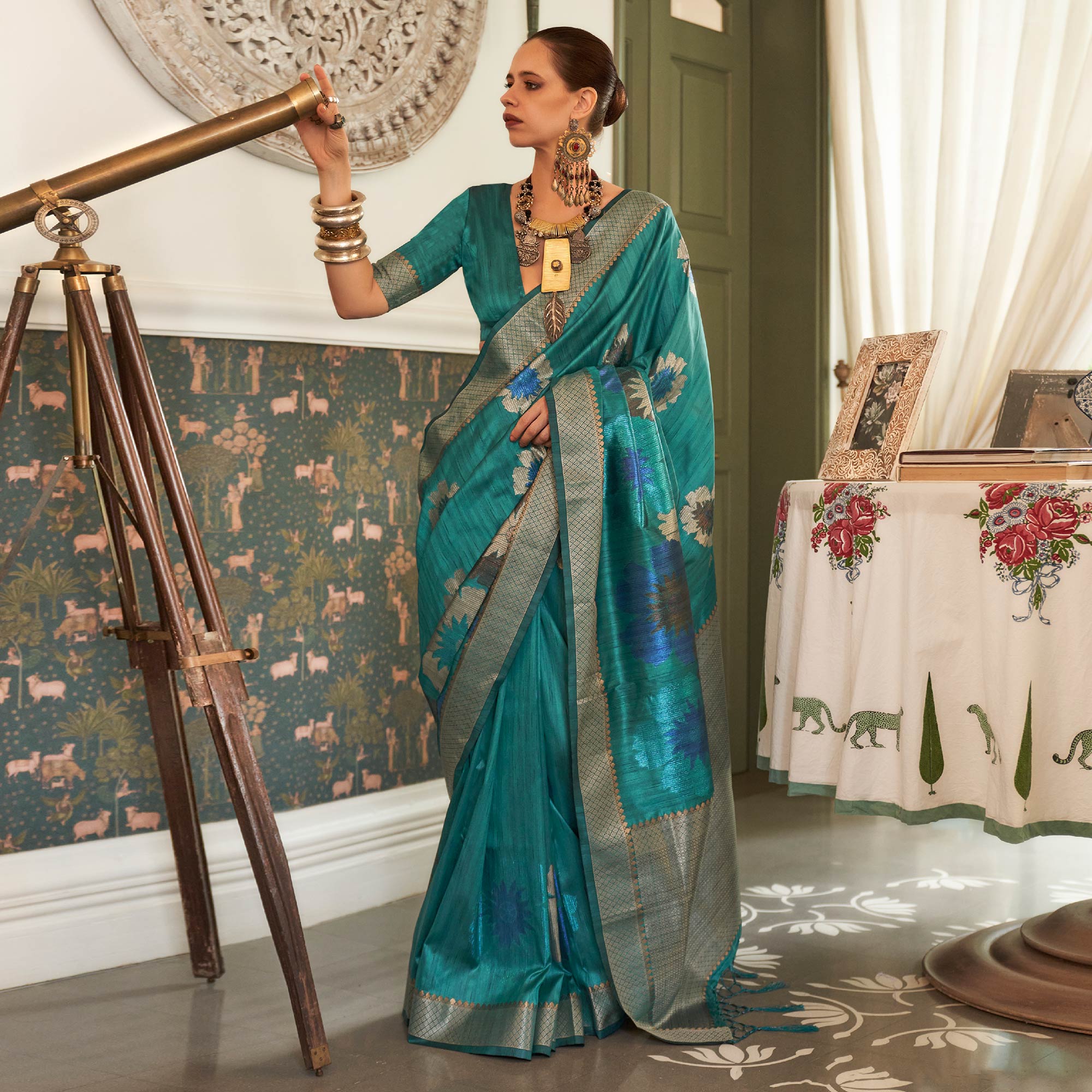 Vsaree Dark Teal Banarasi Silk Golden Border With Banarasi Design Saree And Blouse