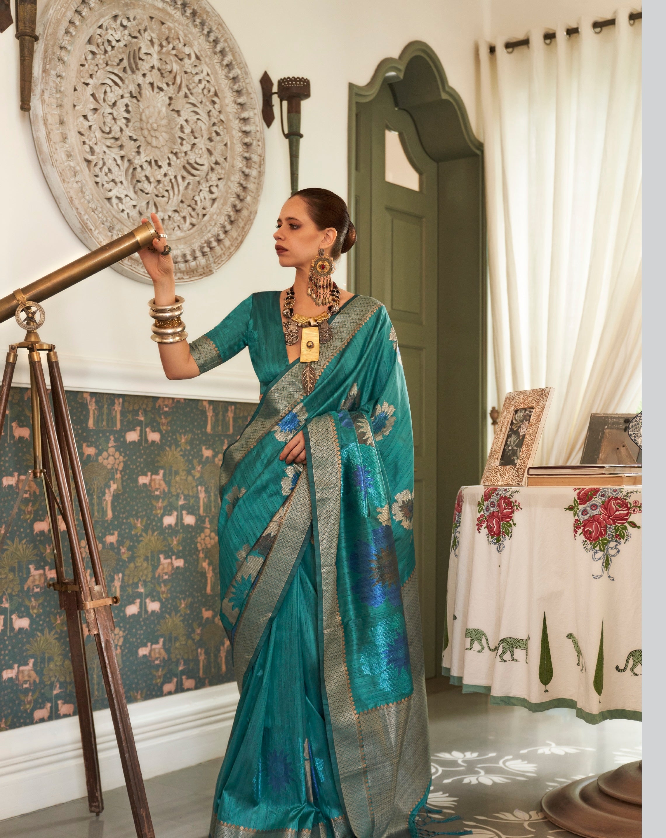 Vsaree Dark Teal Banarasi Silk Golden Border With Banarasi Design Saree And Blouse