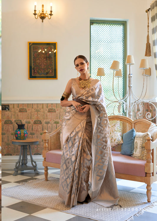 Vsaree Grey Banarasi Silk Designer Saree With Banarasi Border And Blouse