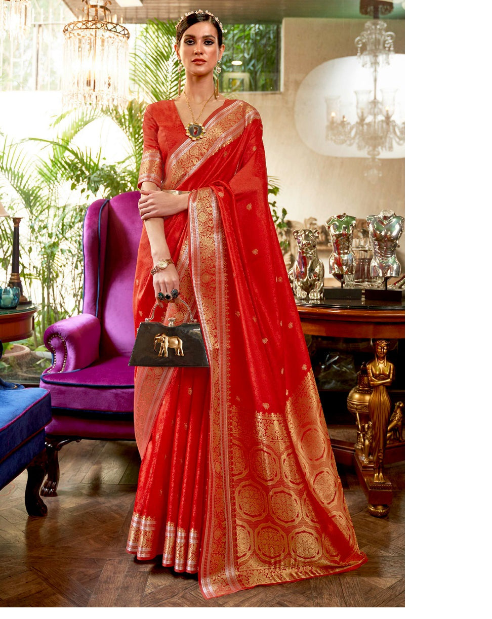 Vsaree Red Banarasi Silk Designer Saree With Banarasi Border And Blouse