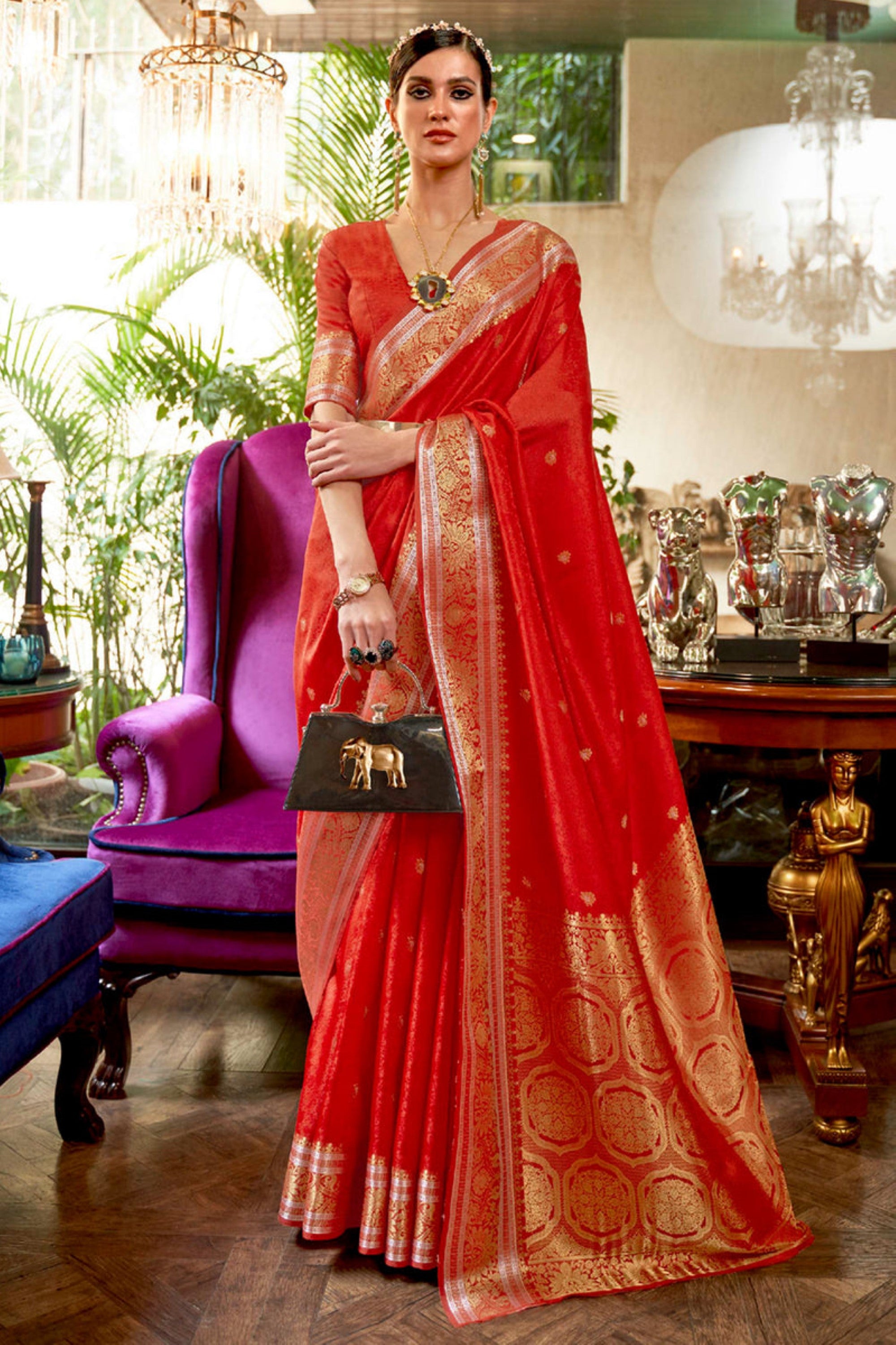 Vsaree Red Banarasi Silk Designer Saree With Banarasi Border And Blouse