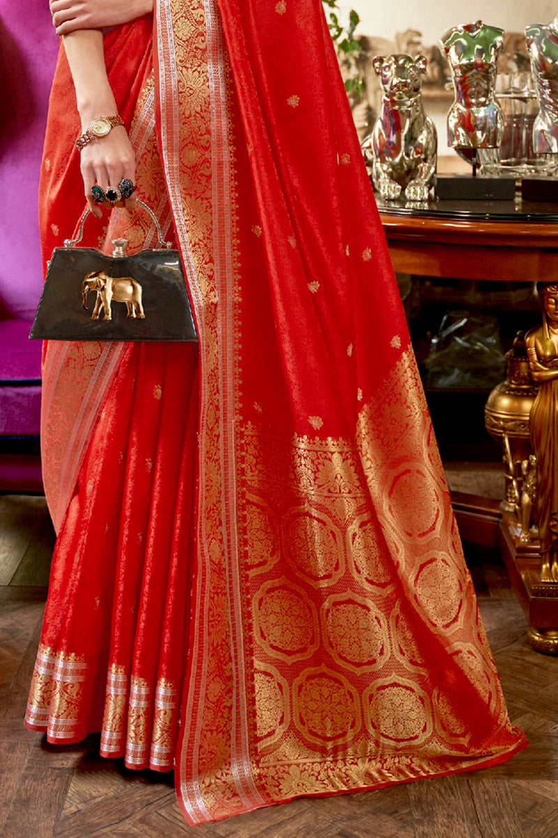 Vsaree Red Banarasi Silk Designer Saree With Banarasi Border And Blouse