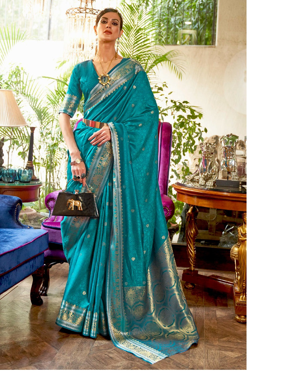 Vsaree Teal Banarasi Silk Designer Saree With Banarasi Border And Blouse