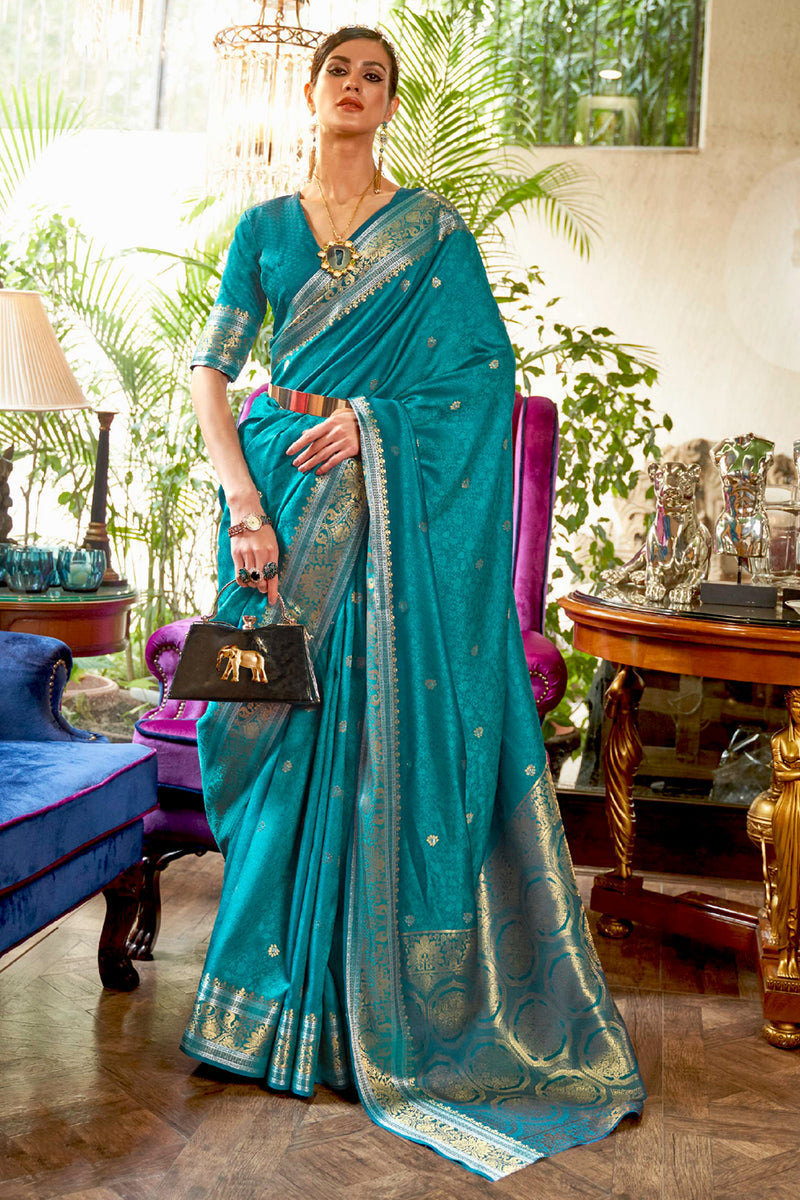 Vsaree Teal Banarasi Silk Designer Saree With Banarasi Border And Blouse