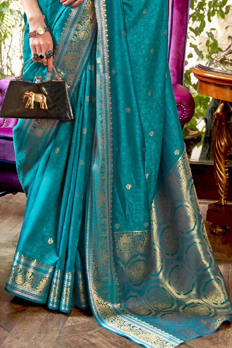 Vsaree Teal Banarasi Silk Designer Saree With Banarasi Border And Blouse