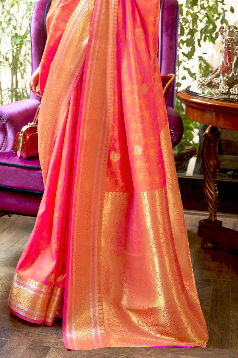 Vsaree Orange Banarasi Silk Designer Saree With Banarasi Border And Blouse