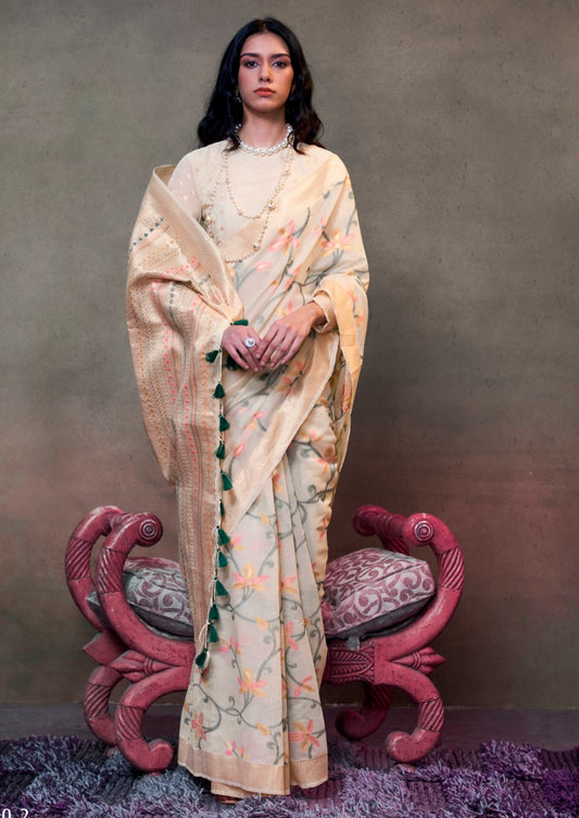 Vsaree Cream Banarasi Silk Designer Saree With Banarasi Border And Blouse