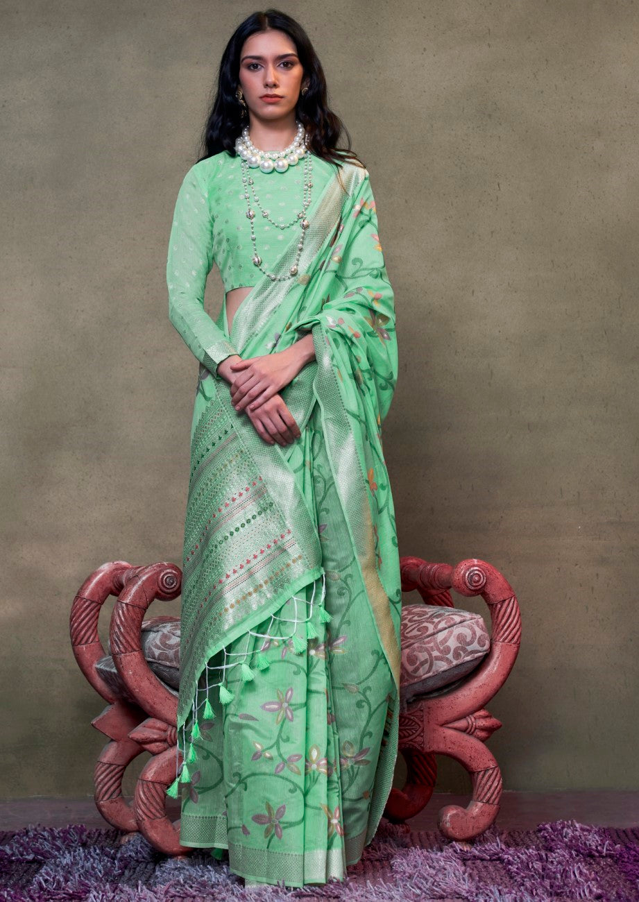 Vsaree Sea Green Banarasi Silk Designer Saree With Banarasi Border And Blouse