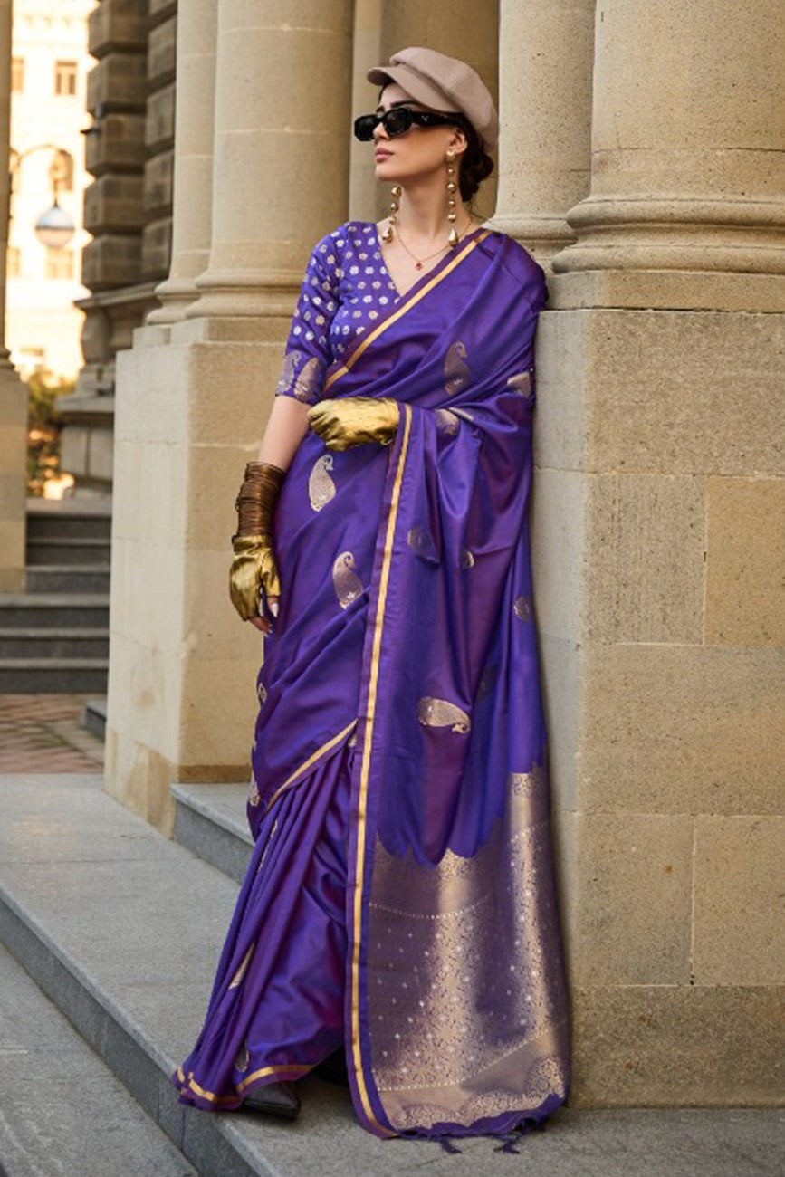 Vsaree Purple Banarasi Satin Silk Zari Weaving Border And Woven Pallu Saree With Blouse For Women