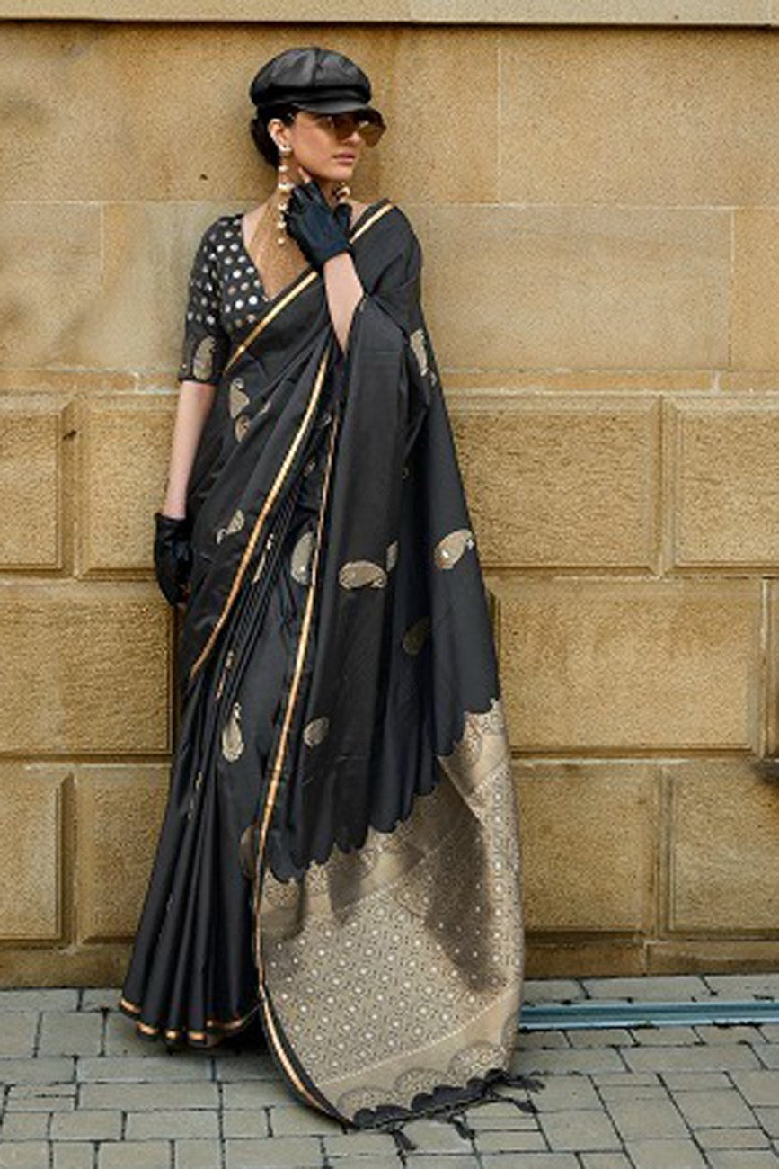 Vsaree Black Banarasi Satin Silk Zari Weaving Border And Woven Pallu Saree With Blouse For Women