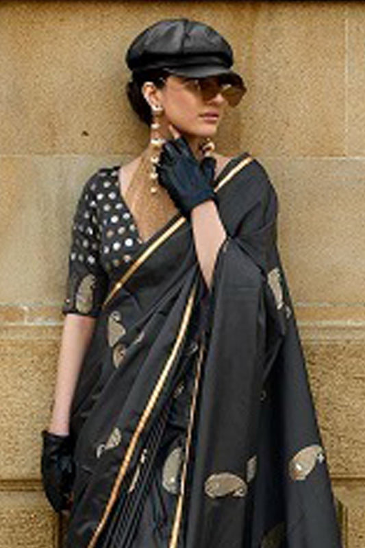 Vsaree Black Banarasi Satin Silk Zari Weaving Border And Woven Pallu Saree With Blouse For Women