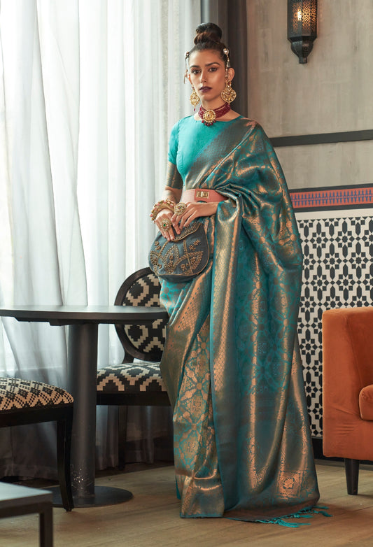 Vsaree Teal Banarasi Silk Designer Saree With Banarasi Border And Blouse