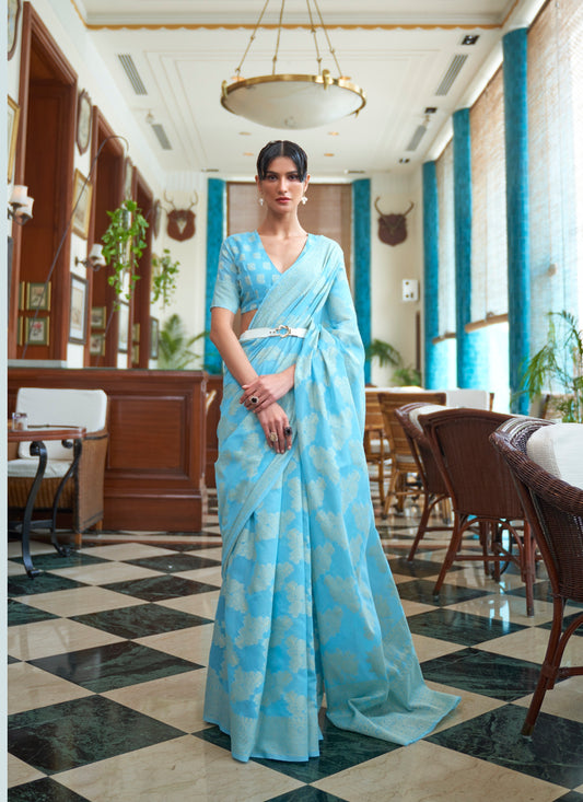 Vsaree Sky Blue Lakhnowi Cotton Saree Multipale Thred Work With Blouse And Heavy Pallu