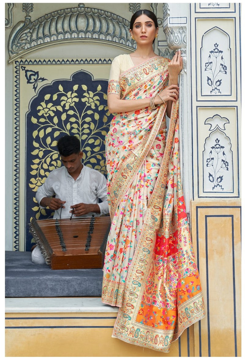 Vsaree Cream Kanjivaram Soft Silk Saree With Designer Border And Blouse