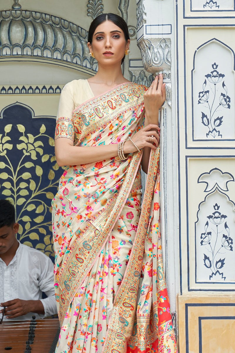 Vsaree Cream Kanjivaram Soft Silk Saree With Designer Border And Blouse