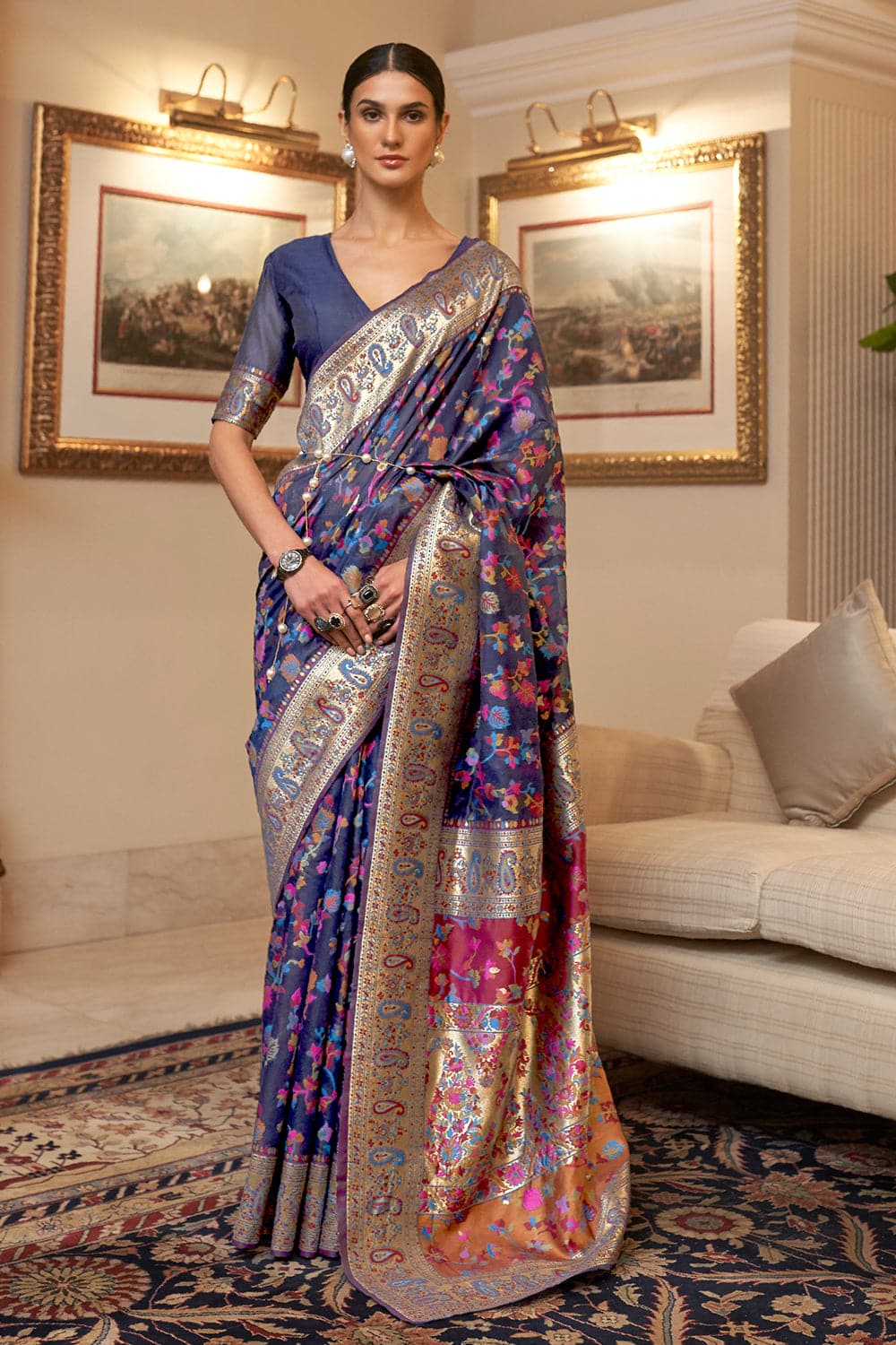 Vsaree Navy Blue Kanjivaram Soft Silk Saree With Designer Border And Blouse