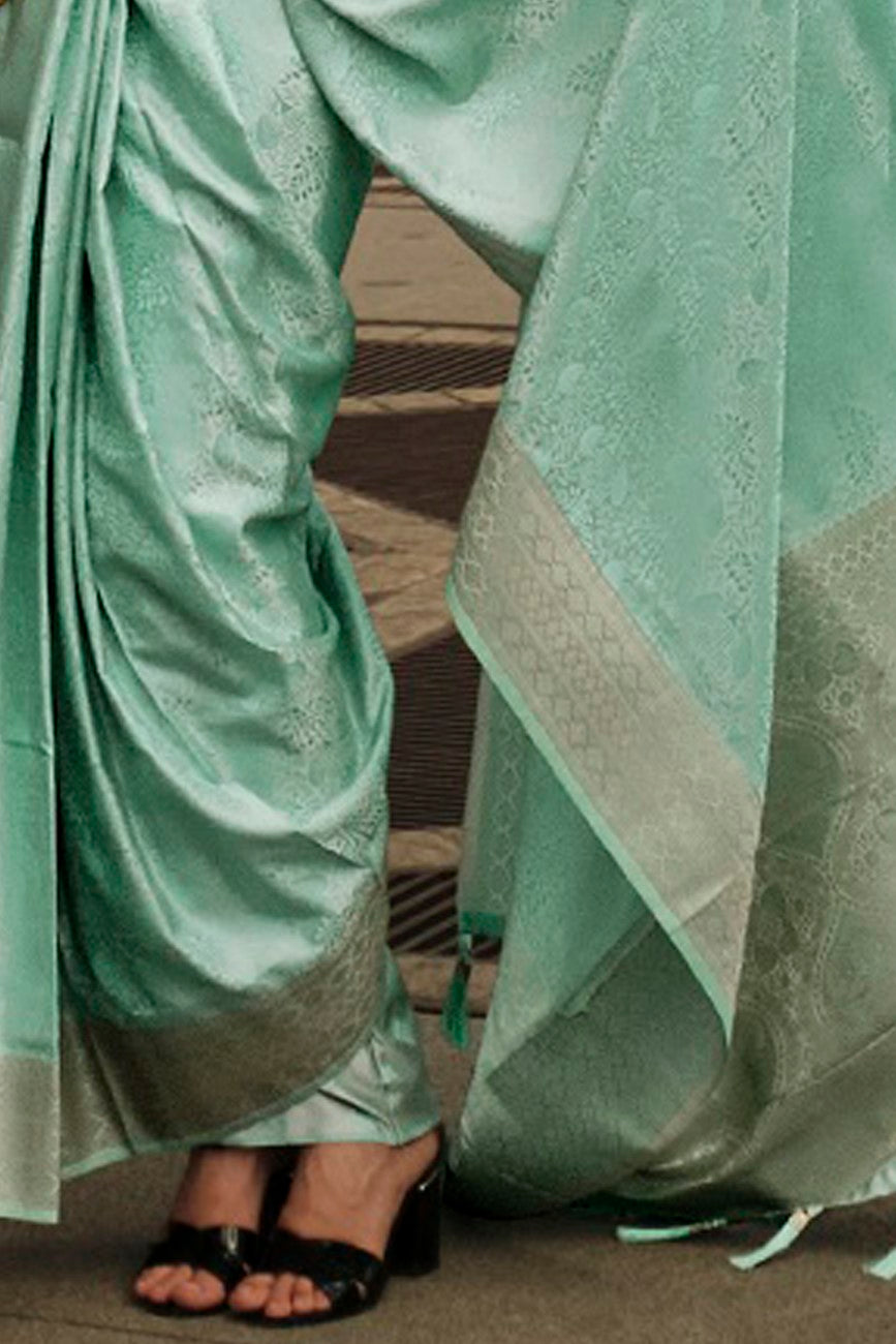 Vsaree Sea Green Banarasi Silk Designer Saree With Banarasi Border And Blouse