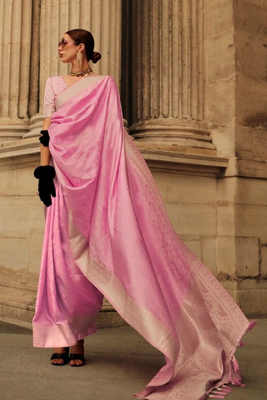 Vsaree Pink Banarasi Silk Designer Saree With Banarasi Border And Blouse