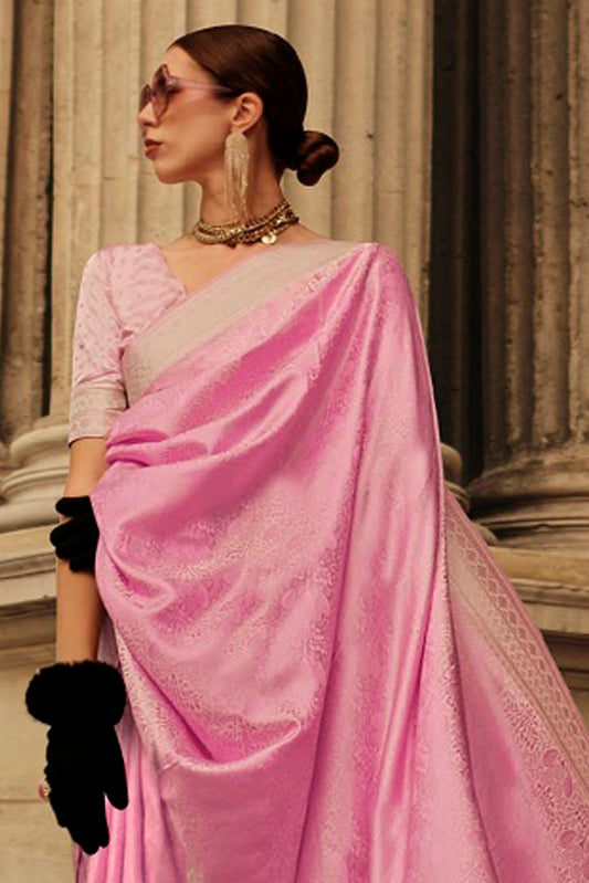 Vsaree Pink Banarasi Silk Designer Saree With Banarasi Border And Blouse